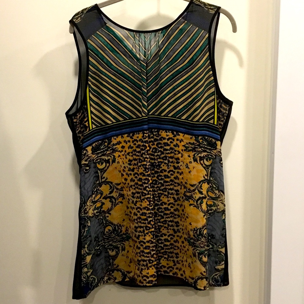 CAbi Sleeveless Mixed-Print Tank in Mustard, Green and Blue